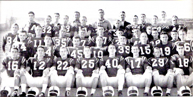 In 1958, the Blue Devils tied Thomasville 13-13 for the state title. Shown above, from left to right, are Varsity Team members: (first row) [it Reinhardt, Frank James, Eddie Polley, Billy Deal, Kit Bell, Bill Dahlberg, Hugh Duncan, and Larry McLendon; (se